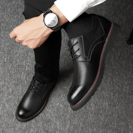 Round Head Solid Color First Layer Cowhide Casual Shoes for Men (Color:Black Size:48)-garmade.com
