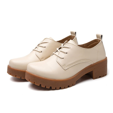 Round Head Thick Heel College Wind Style Microfiber Leather Shoes Casual Shoes for Women (Color:Beige Size:33)-garmade.com