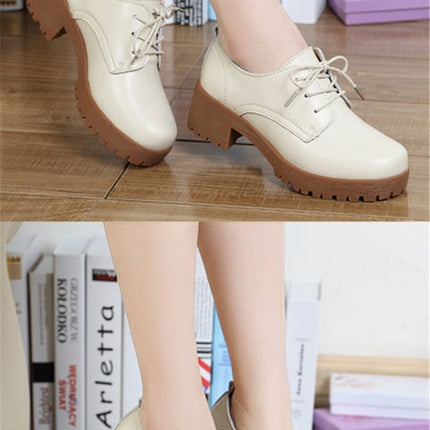 Round Head Thick Heel College Wind Style Microfiber Leather Shoes Casual Shoes for Women (Color:Beige Size:33)-garmade.com