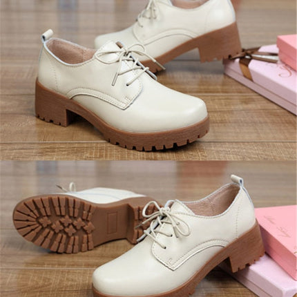 Round Head Thick Heel College Wind Style Microfiber Leather Shoes Casual Shoes for Women (Color:Beige Size:33)-garmade.com