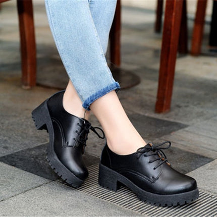 Round Head Thick Heel College Wind Style Microfiber Leather Shoes Casual Shoes for Women (Color:Black Size:33)-garmade.com