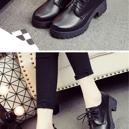 Round Head Thick Heel College Wind Style Microfiber Leather Shoes Casual Shoes for Women (Color:Black Size:33)-garmade.com