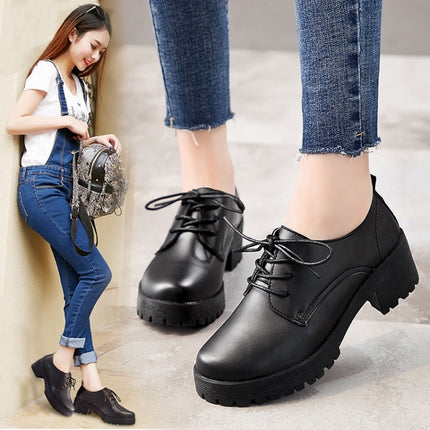 Round Head Thick Heel College Wind Style Microfiber Leather Shoes Casual Shoes for Women (Color:Black Size:33)-garmade.com