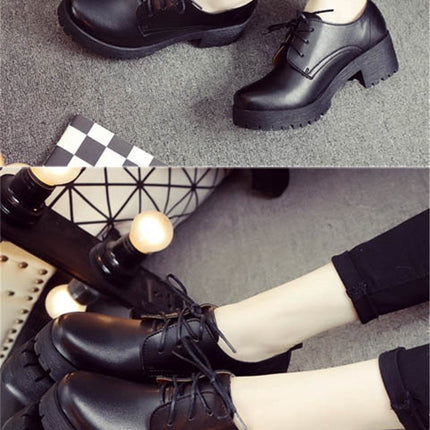 Round Head Thick Heel College Wind Style Microfiber Leather Shoes Casual Shoes for Women (Color:Black Size:38)-garmade.com