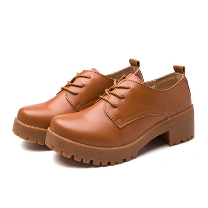 Round Head Thick Heel College Wind Style Microfiber Leather Shoes Casual Shoes for Women (Color:Brown Size:33)-garmade.com