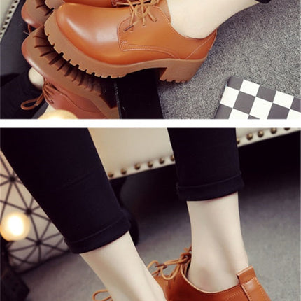 Round Head Thick Heel College Wind Style Microfiber Leather Shoes Casual Shoes for Women (Color:Brown Size:33)-garmade.com