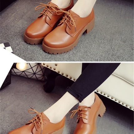 Round Head Thick Heel College Wind Style Microfiber Leather Shoes Casual Shoes for Women (Color:Brown Size:33)-garmade.com