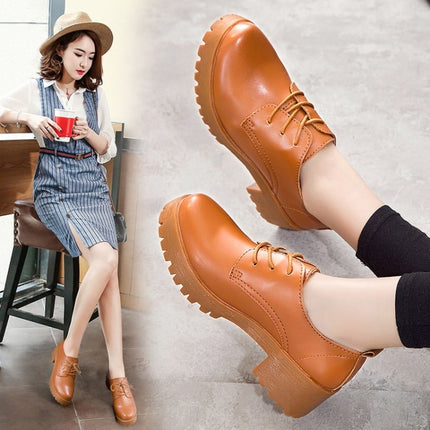 Round Head Thick Heel College Wind Style Microfiber Leather Shoes Casual Shoes for Women (Color:Brown Size:33)-garmade.com