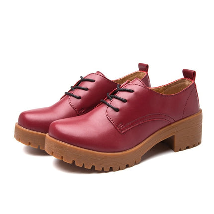 Round Head Thick Heel College Wind Style Microfiber Leather Shoes Casual Shoes for Women (Color:Red Size:33)-garmade.com