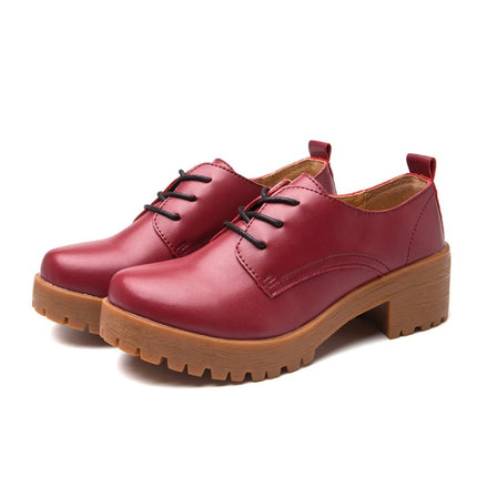 Round Head Thick Heel College Wind Style Microfiber Leather Shoes Casual Shoes for Women (Color:Red Size:34)-garmade.com