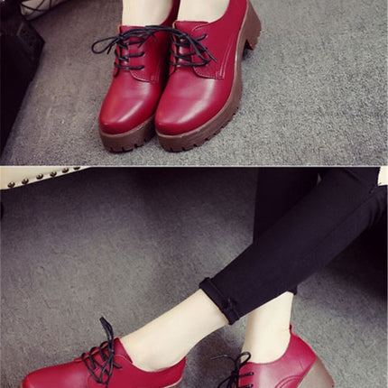 Round Head Thick Heel College Wind Style Microfiber Leather Shoes Casual Shoes for Women (Color:Red Size:34)-garmade.com