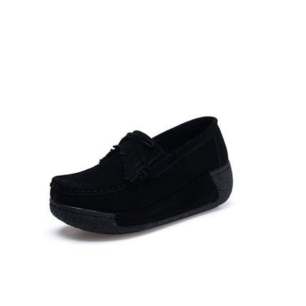 Wedge Muffin Bottom Tassel Suede Casual Shoes for Women (Color:Black Size:35)-garmade.com