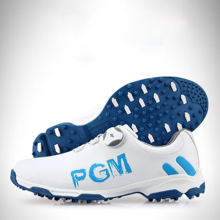 PGM Golf Rotating Buckle Waterproof Microfiber Leather Breathable Non-slip Sneakers for Men(Color:White Blue Size:39)-garmade.com