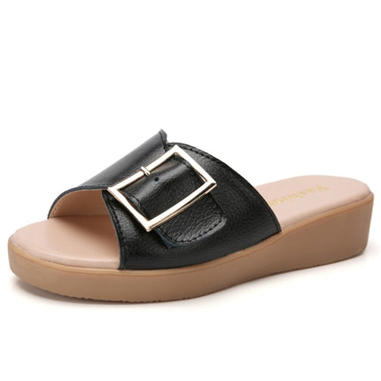 Casual Simple Non-slip Wear-resistant Square Buckle Beach Slippers Sandals for Women (Color:Black Size:35)-garmade.com