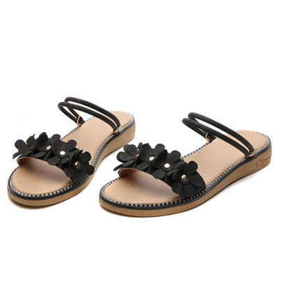 Casual Wild Flower Flat Sand Booth Two-wear Non-slip Sandals slippers for Women (Color:Black Size:35)-garmade.com