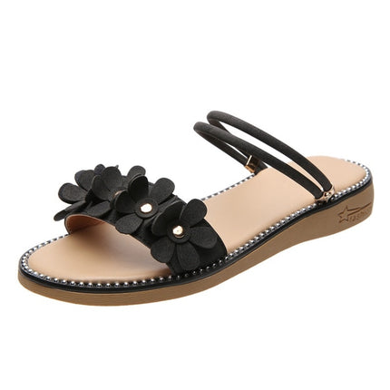 Casual Wild Flower Flat Sand Booth Two-wear Non-slip Sandals slippers for Women (Color:Black Size:36)-garmade.com