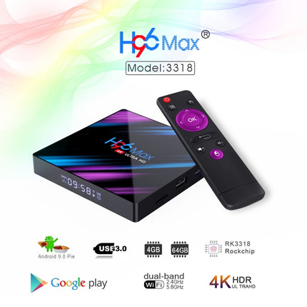 H96 Max-3318 4K Ultra HD Android TV Box with Remote Controller, Android 9.0, RK3318 Quad-Core 64bit Cortex-A53, WiFi 2.4G/5G, Bluetooth 4.0, 4GB+64GB-garmade.com