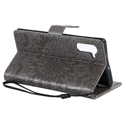 Pressed Printing Sunflower Pattern Horizontal Flip PU Leather Case for Galaxy Note 10, with Holder & Card Slots & Wallet & Lanyard (Grey)-garmade.com