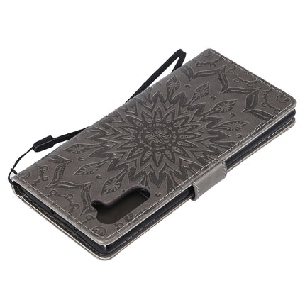 Pressed Printing Sunflower Pattern Horizontal Flip PU Leather Case for Galaxy Note 10, with Holder & Card Slots & Wallet & Lanyard (Grey)-garmade.com