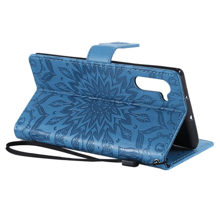 Pressed Printing Sunflower Pattern Horizontal Flip PU Leather Case for Galaxy Note 10, with Holder & Card Slots & Wallet & Lanyard (Blue)-garmade.com