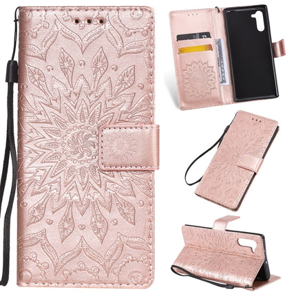 Pressed Printing Sunflower Pattern Horizontal Flip PU Leather Case for Galaxy Note 10, with Holder & Card Slots & Wallet & Lanyard (Rose Gold)-garmade.com