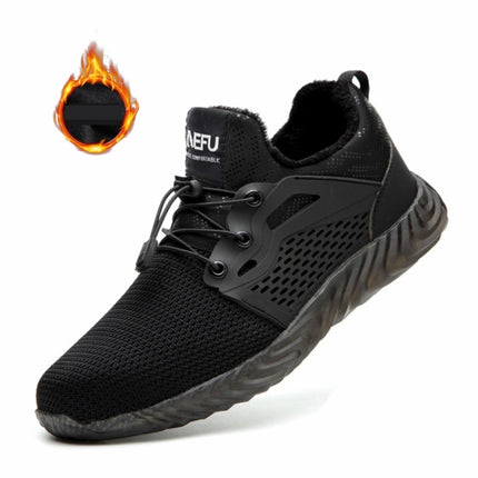 Jiefu Plush Flying Knitted Air Permeable Insulating Steel Head Anti Smashing And Anti Piercing Safety Shoes (Color:Black Size:38)-garmade.com