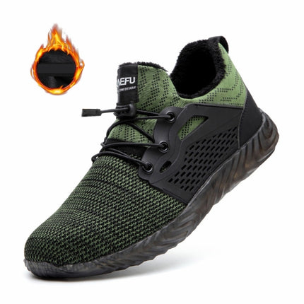 Jiefu Plush Flying Knitted Air Permeable Insulating Steel Head Anti Smashing And Anti Piercing Safety Shoes (Color:Green Size:42)-garmade.com