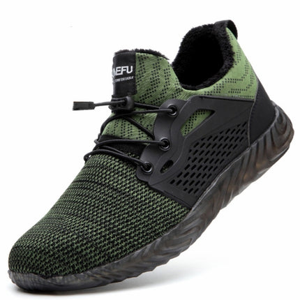 Jiefu Plush Flying Knitted Air Permeable Insulating Steel Head Anti Smashing And Anti Piercing Safety Shoes (Color:Green Size:42)-garmade.com