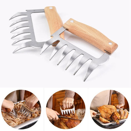 2 PCS Bear Claw Shaped stainless steel Barbecue Fork Chicken Shredded Wooden Handle Anti-skid Creative Kitchen Fork Claw Meat Claw Splitter with-garmade.com