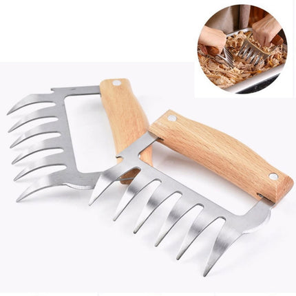 2 PCS Bear Claw Shaped stainless steel Barbecue Fork Chicken Shredded Wooden Handle Anti-skid Creative Kitchen Fork Claw Meat Claw Splitter with (Wood color)-garmade.com